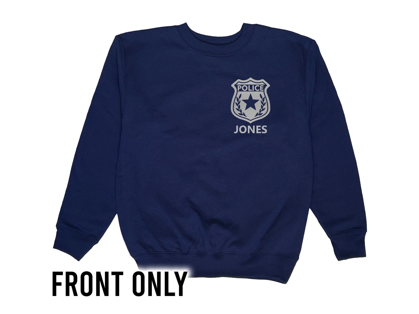 A navy blue youth sweatshirt with a silver police badge design on the front. The badge has a star and the words 'POLICE' and 'DILLON'  is written underneath in silver text.