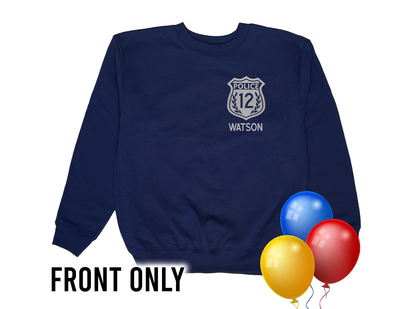 A navy blue youth sweatshirt with a silver police badge on left chest. The badge has the word 'Police' and the number '8' inside. Below the badge is the name 'Walker' in silver text.