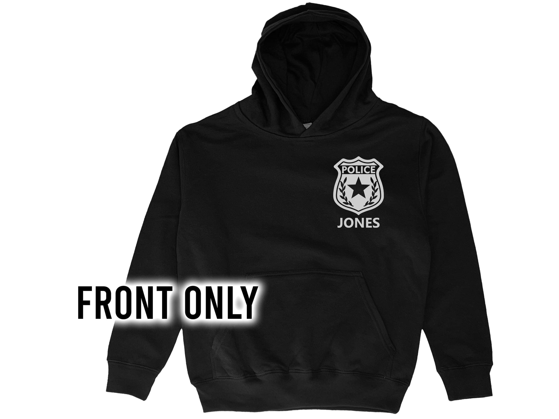 Front view of a black youth-sized hooded sweatshirt with a silver police badge on the right chest. The name 'Jones" is printed underneath in silver text.
