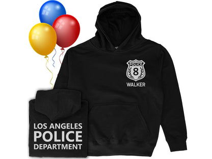 Youth black police hoodie with custom silver police badge on right front chest featuring the number 8 and the name 'Walker' underneath in silver text. The back of the hoodie has 'Los Angeles Police Department' in silver as a placeholder for custom text.