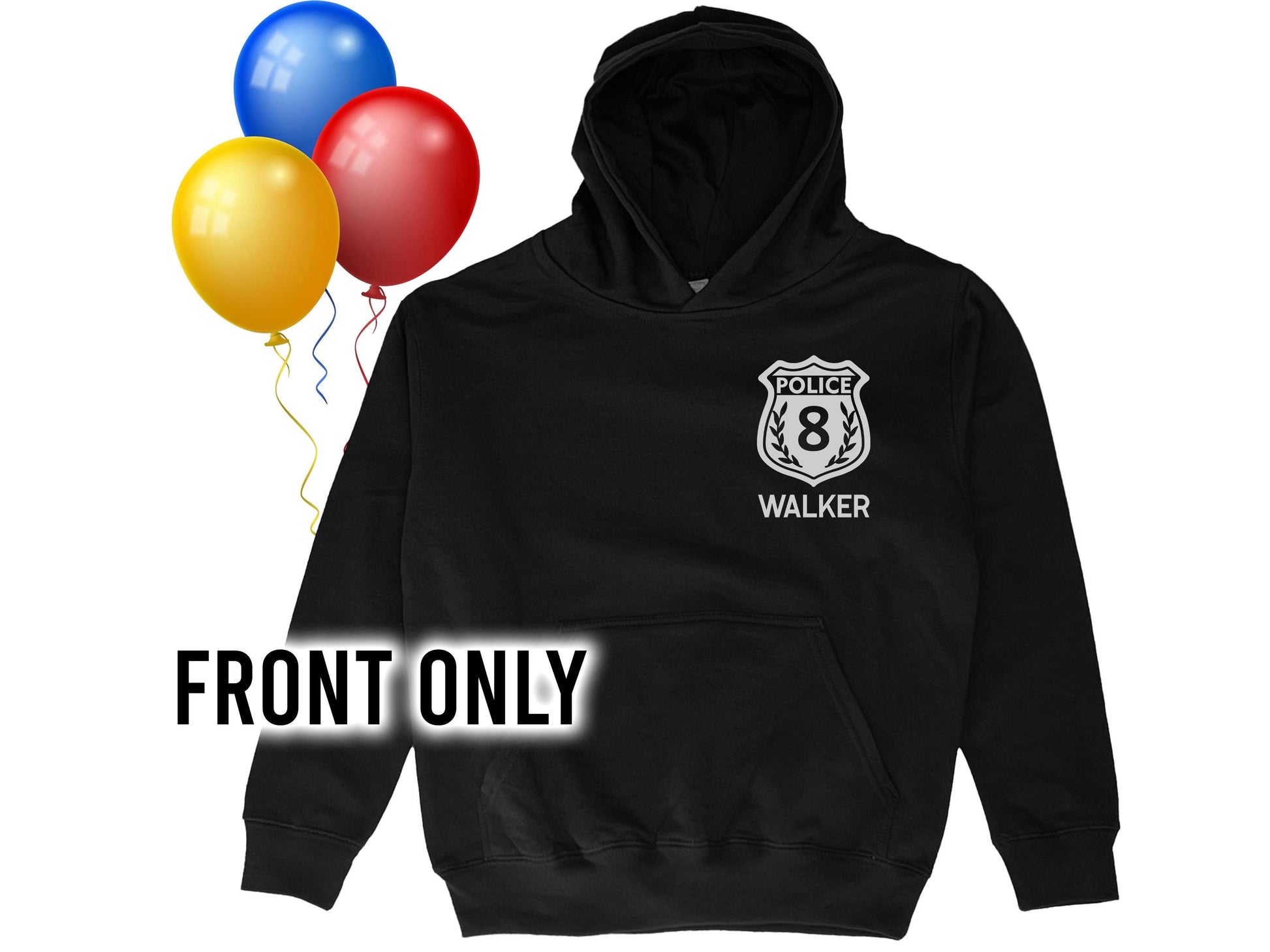 Black children's hoodie sweatshirt with silver police badge on the left chest. Badge includes the number 8, the word 'Police' above the number, and the word 'Name' below the badge in silver text.