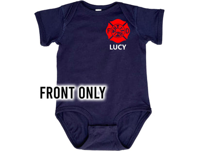 Front view of personalized firefighter baby bodysuit showcasing red Maltese Cross and custom name on navy blue fabric