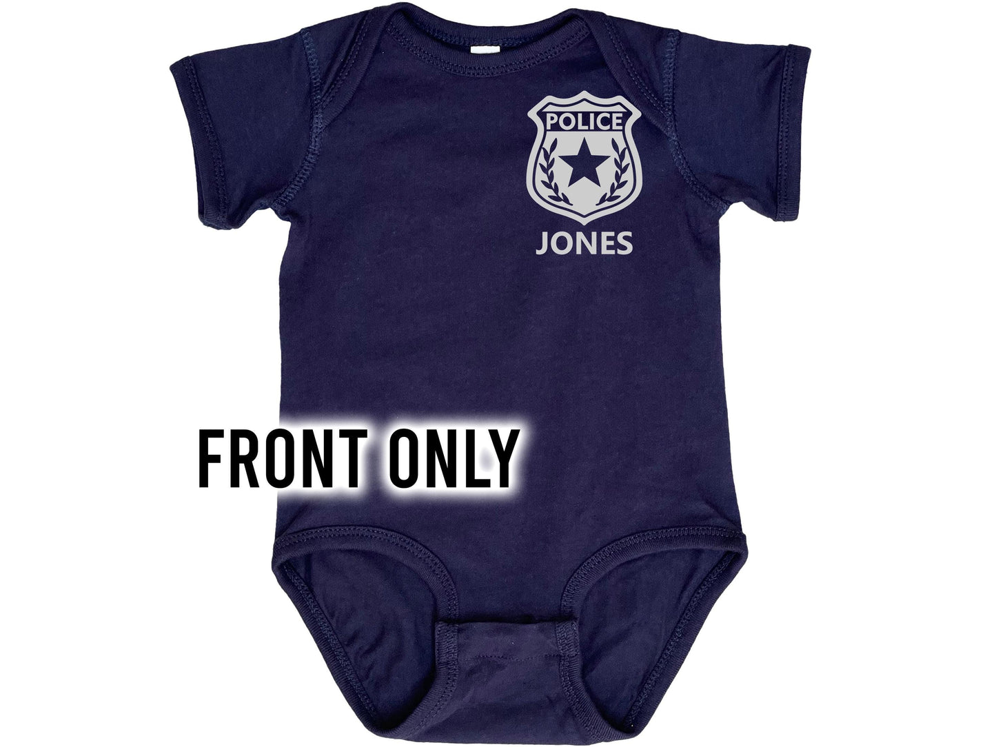 Front only view of navy blue short sleeve baby bodysuit with silver police badge and custom name underneath.