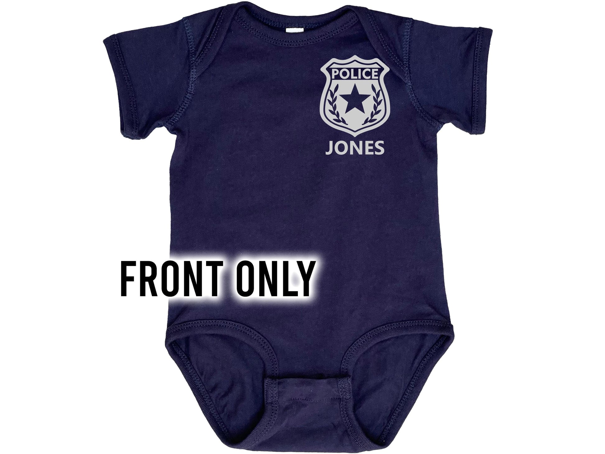 Front only view of navy blue short sleeve baby bodysuit with silver police badge and custom name underneath.