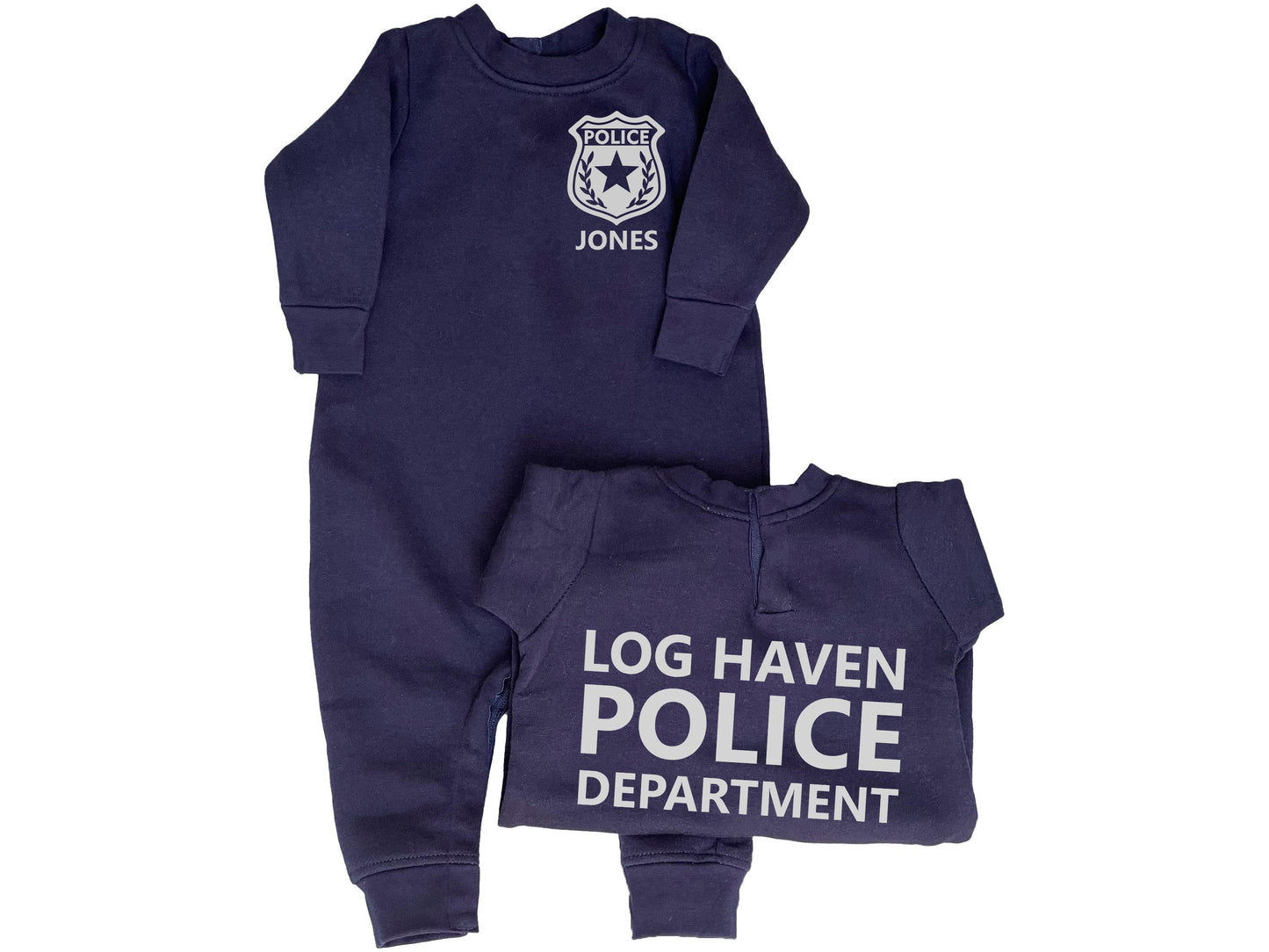 Baby Police Fleece One Piece Bodysuit with Badge and Personalized Name - Optional Police Department on Back