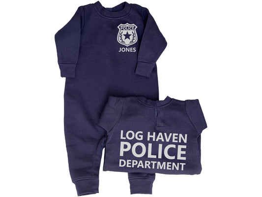 Baby Police Fleece One Piece Bodysuit with Badge and Personalized Name - Optional Police Department on Back