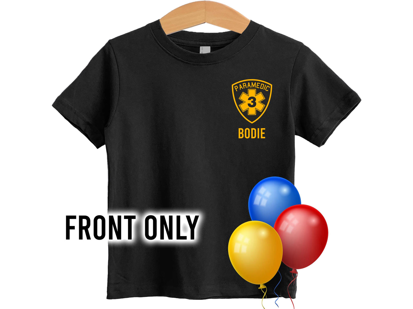 Paramedic Birthday Kids T-Shirt with Star of Life Badge, Age and Name - Optional City or Department on Back