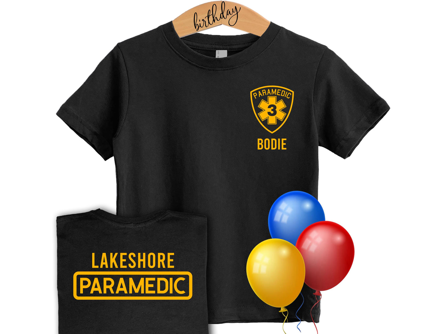 Paramedic Birthday Kids T-Shirt with Star of Life Badge, Age and Name - Optional City or Department on Back