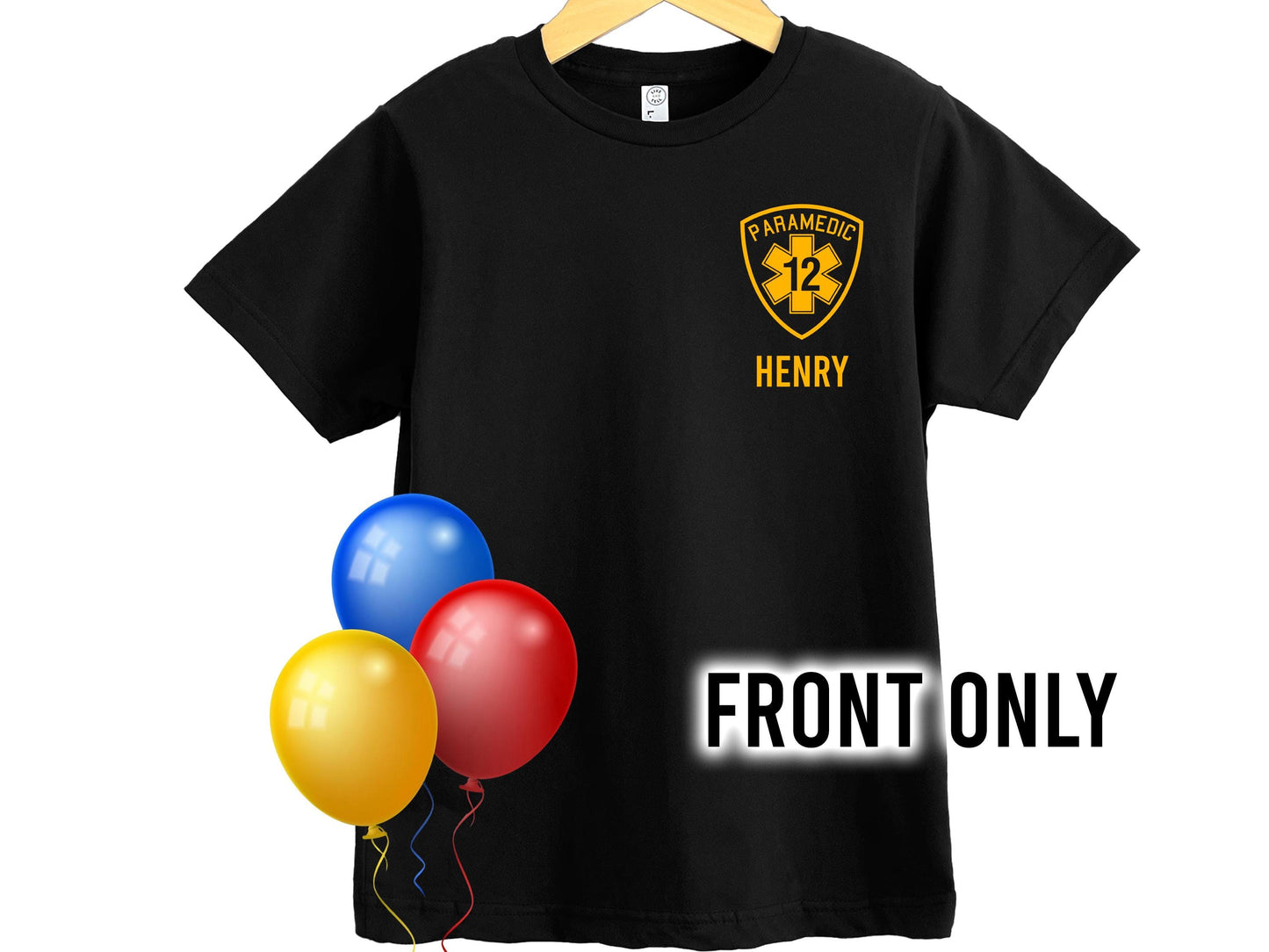 Youth Paramedic Birthday T-Shirt with Badge, Age and Name - Optional Department or City on Back