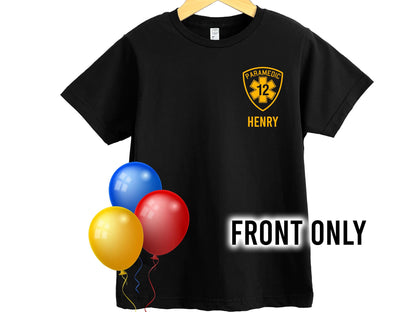Youth Paramedic Birthday T-Shirt with Badge, Age and Name - Optional Department or City on Back