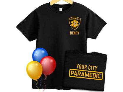 Youth Paramedic Birthday T-Shirt with Badge, Age and Name - Optional Department or City on Back