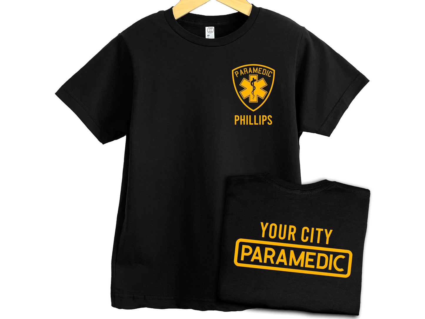 Youth Paramedic T-Shirt with Star of Life Badge and Personalized Name - Optional Department or City on Back