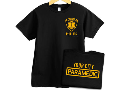 Youth Paramedic T-Shirt with Star of Life Badge and Personalized Name - Optional Department or City on Back