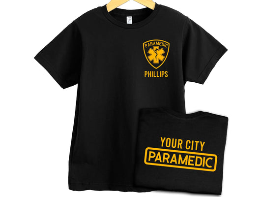 Youth Paramedic T-Shirt with Star of Life Badge and Personalized Name - Optional Department or City on Back