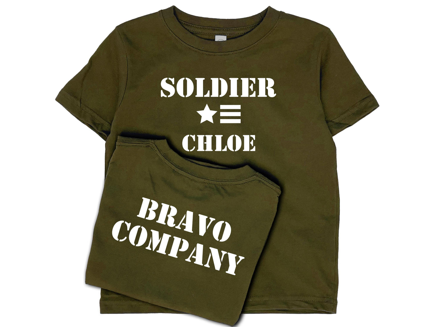 Army green short sleeve t-shirt with 'Soldier' in white text, a star and 3 horizontal stripes underneath, and under that the name 'Chloe'. The shirt back reads 'Bravo Company' in white text.