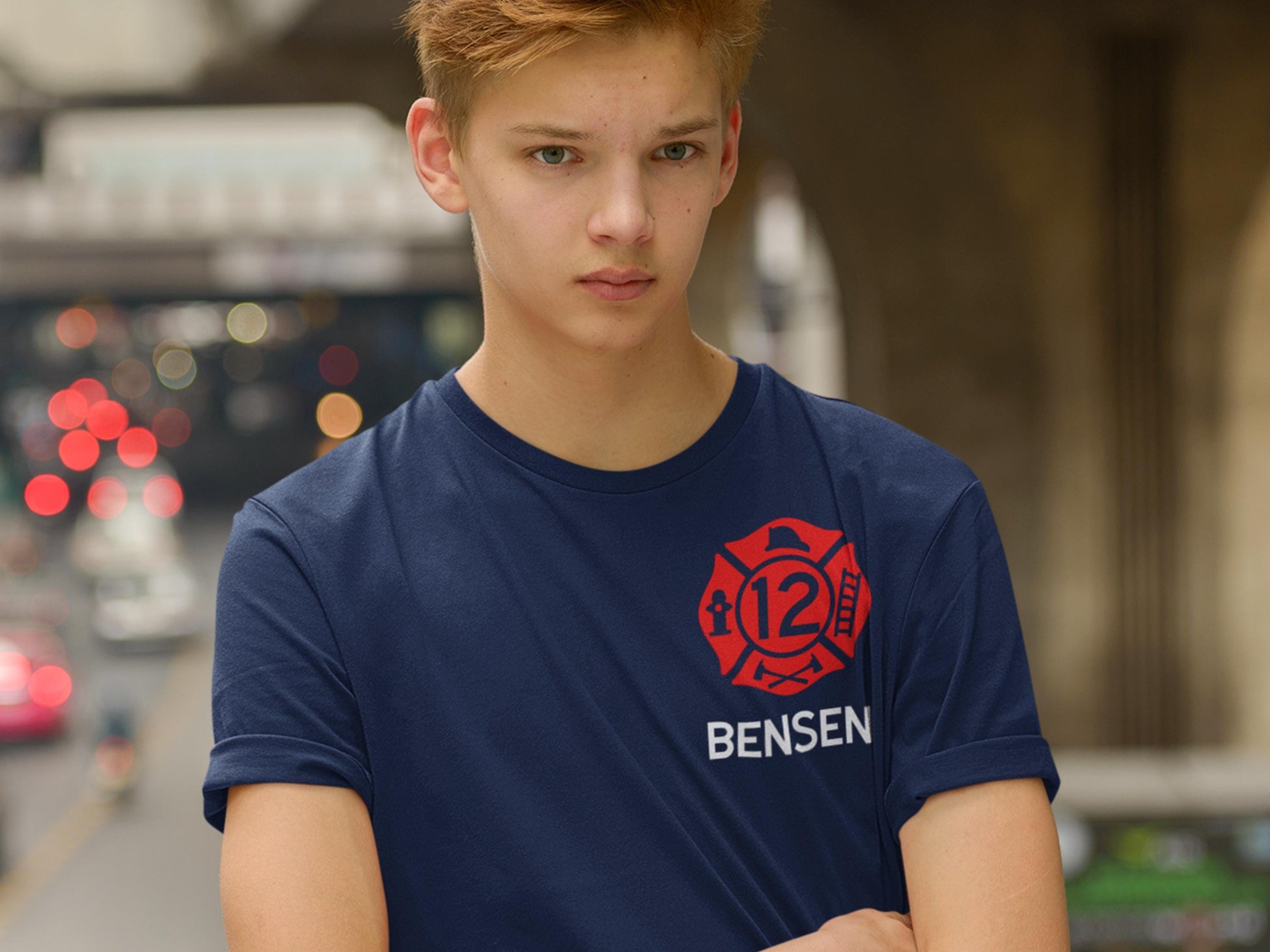 Firefighter Birthday Youth T-Shirt with Maltese Cross, Age, and Name - Optional Fire Department on Back