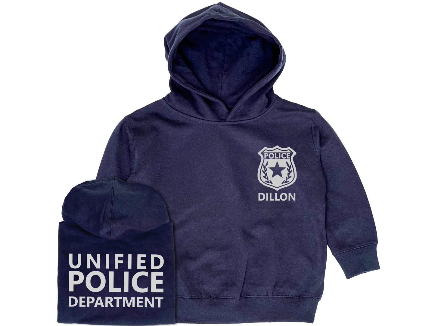 Navy blue hoodie with silver police badge on left chest and the name 'Watson' underneath in silver text. Back of hoodie has the words 'Unified Police Department in silver text.