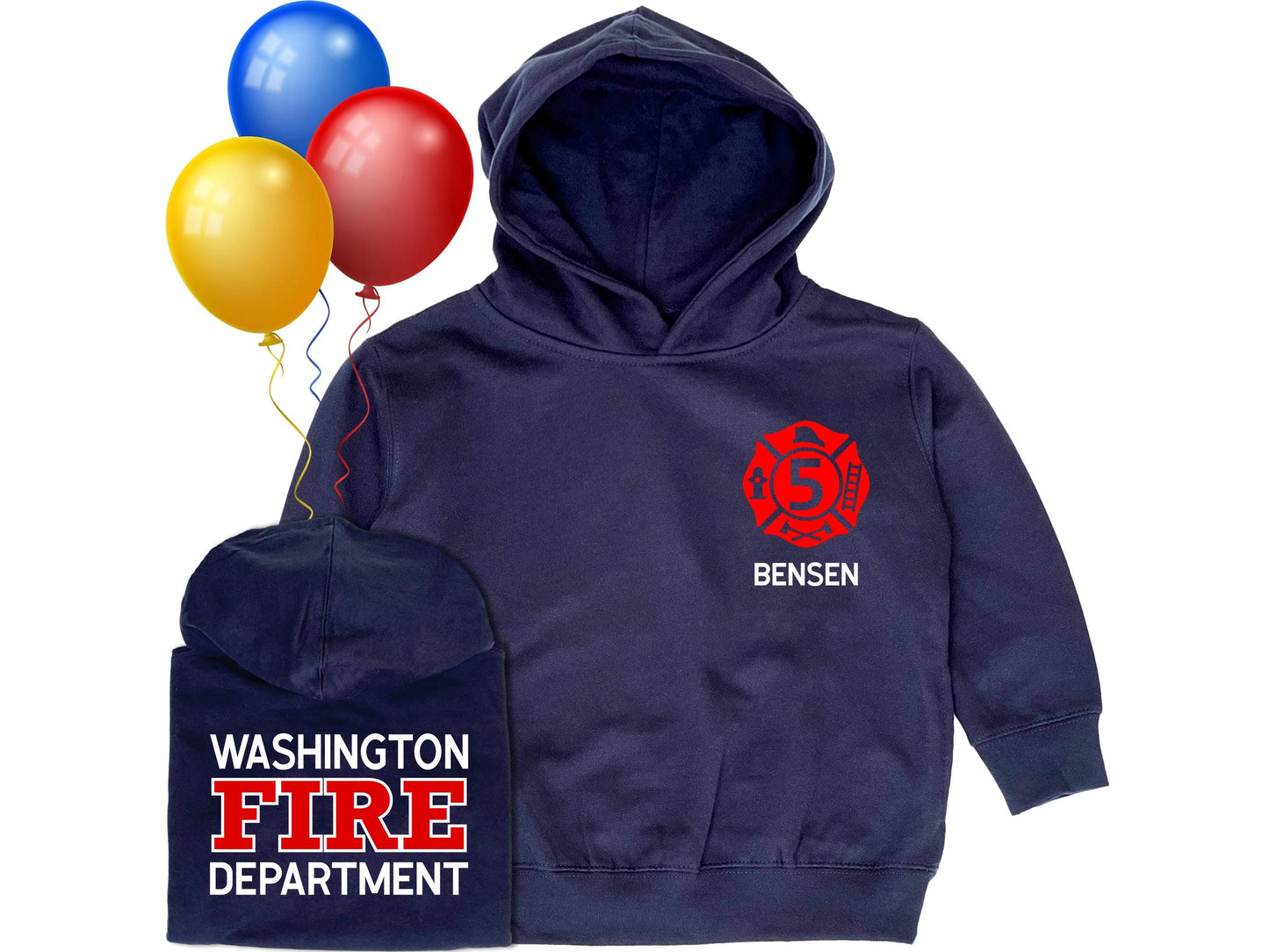 Navy blue hooded sweatshirt in children sizes with custom red Maltese Cross on the front. Maltese Cross contains a custom number representing the child's age. Hoodie has hidden side pockets on both sides. The child's name is under the Maltese Cross. A folded hoodie shows the back side with a custom fire department name with "Fire" and "Department" underneath. Three colorful balloons indicate a birthday theme.