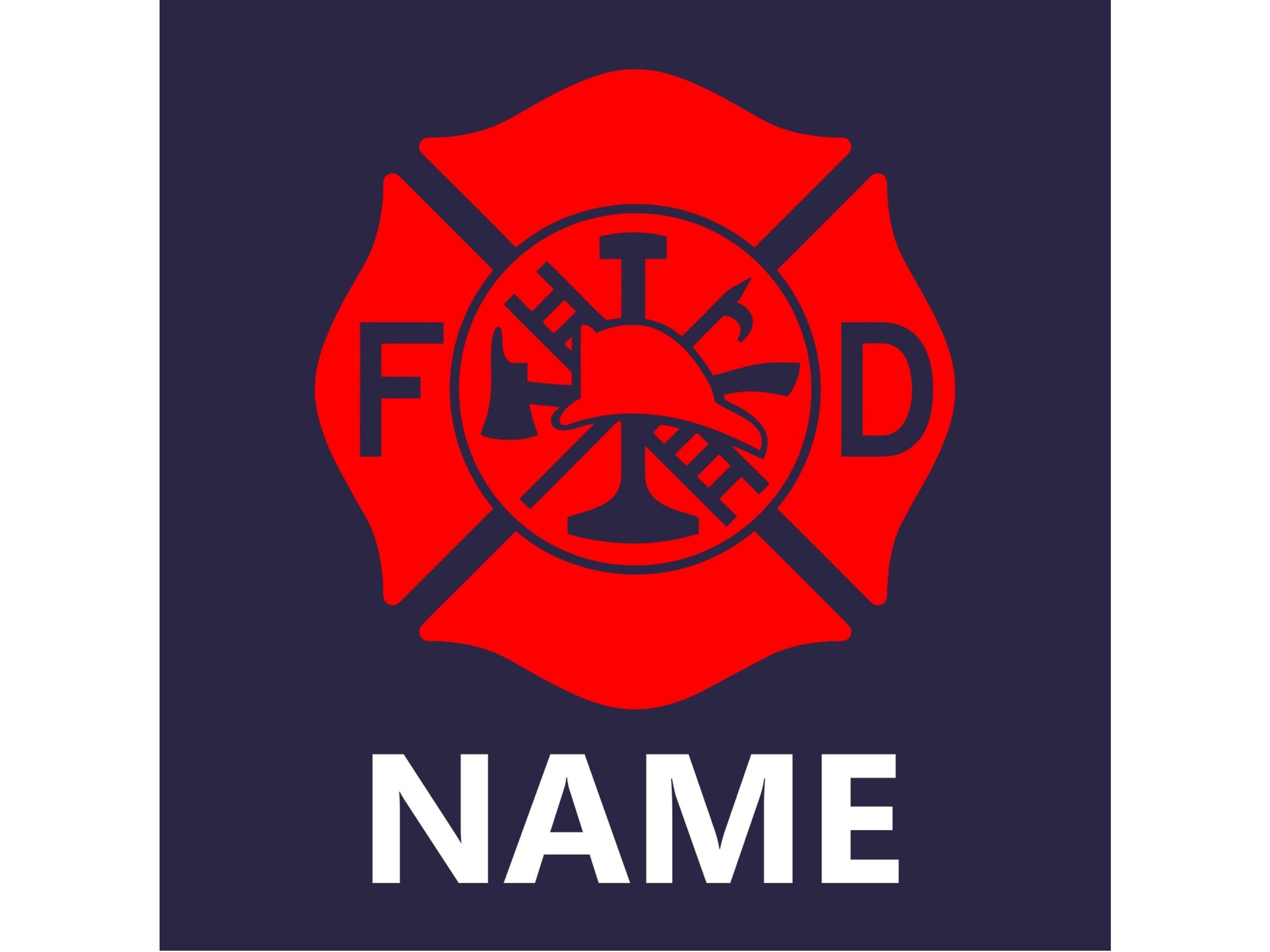 Closeup of red Maltese cross and personalized name on navy blue background.