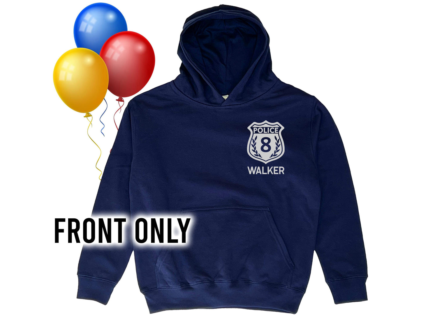 Front view of the personalized police birthday hoodie showing the white badge with custom number and name on navy blue fabric