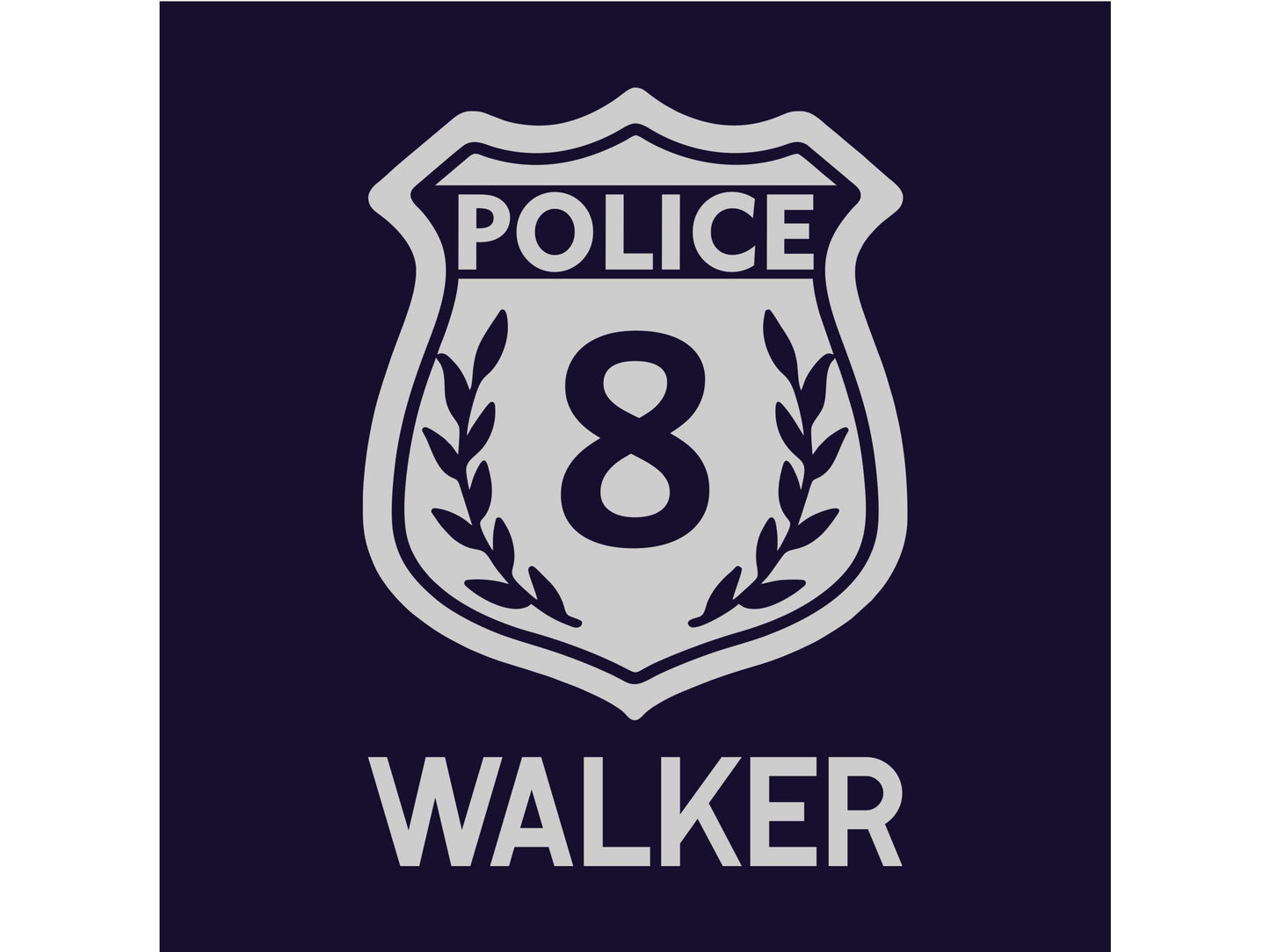 Close up detail of police badge with name underneath in silver on navy fabric