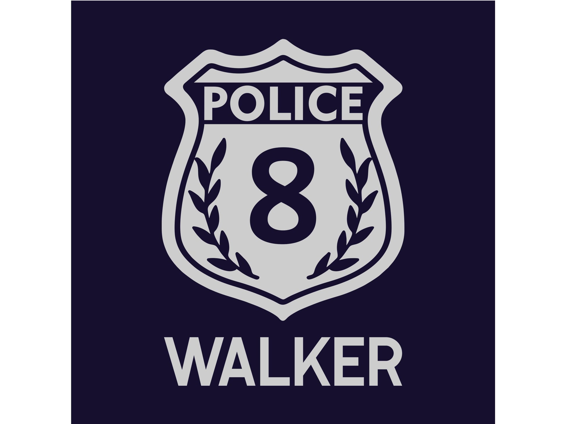 Close up detail of police badge with name underneath in silver on navy fabric