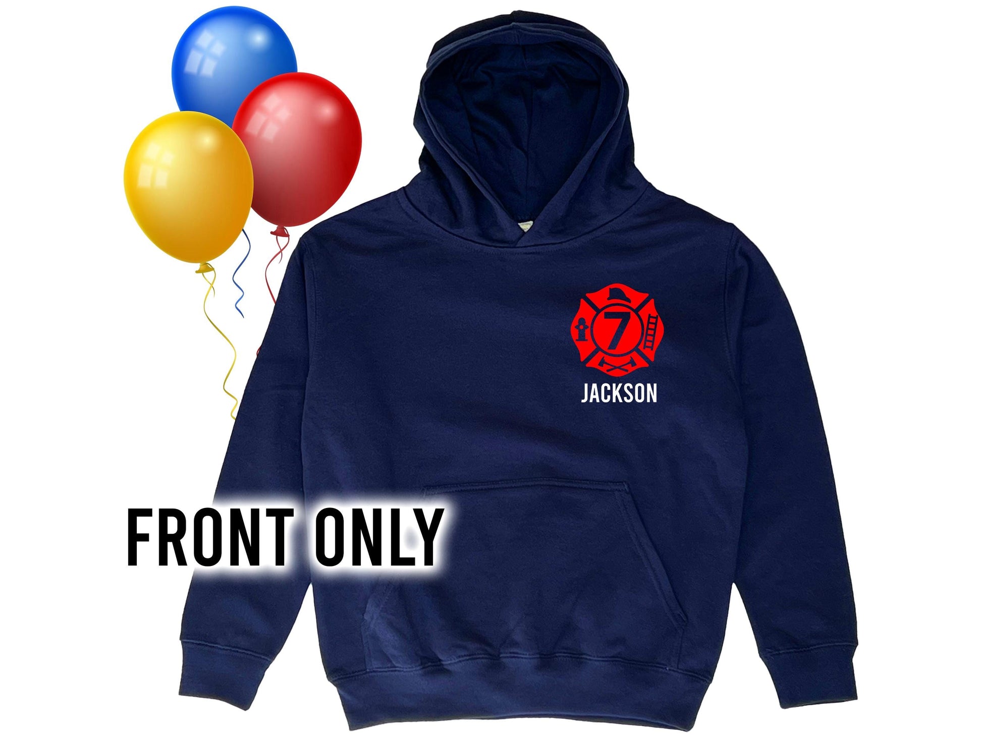 Birthday Firefighter Youth Hoodie with Maltese Cross, Age, and Name - Optional Fire Department on Back