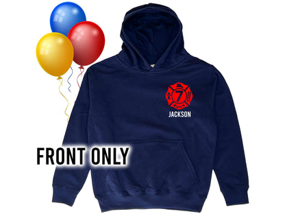 Birthday Firefighter Youth Hoodie with Maltese Cross, Age, and Name - Optional Fire Department on Back