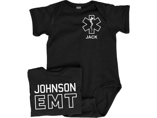 EMT Baby Bodysuit with Star of Life and Personalized Name - Optional Name or Department on Back