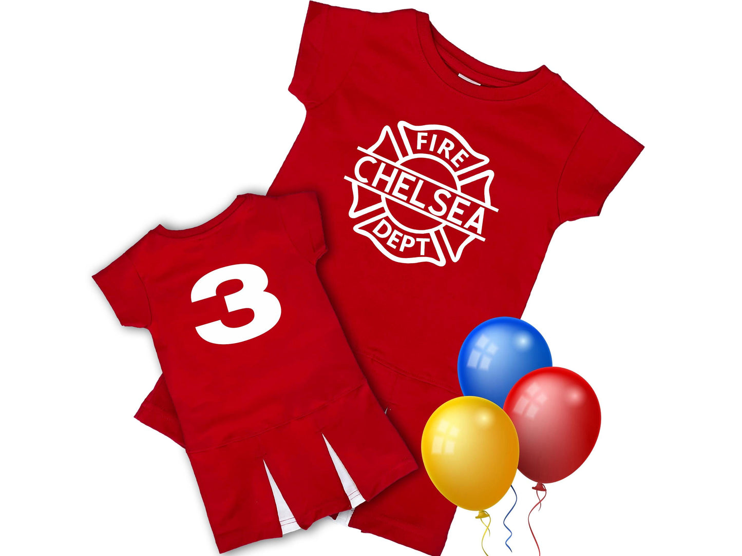 Personalized red firefighter birthday dress for girls, featuring a Maltese Cross with the name "Chelsea" on the front and the number "3" on the back. The dress has a playful fringe-style hem and is shown with colorful red, yellow, and blue balloons. Made to order for a fire-themed birthday party or special occasion.