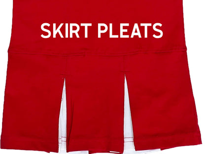 Closeup of red dress skirt pleats showing the white insets.