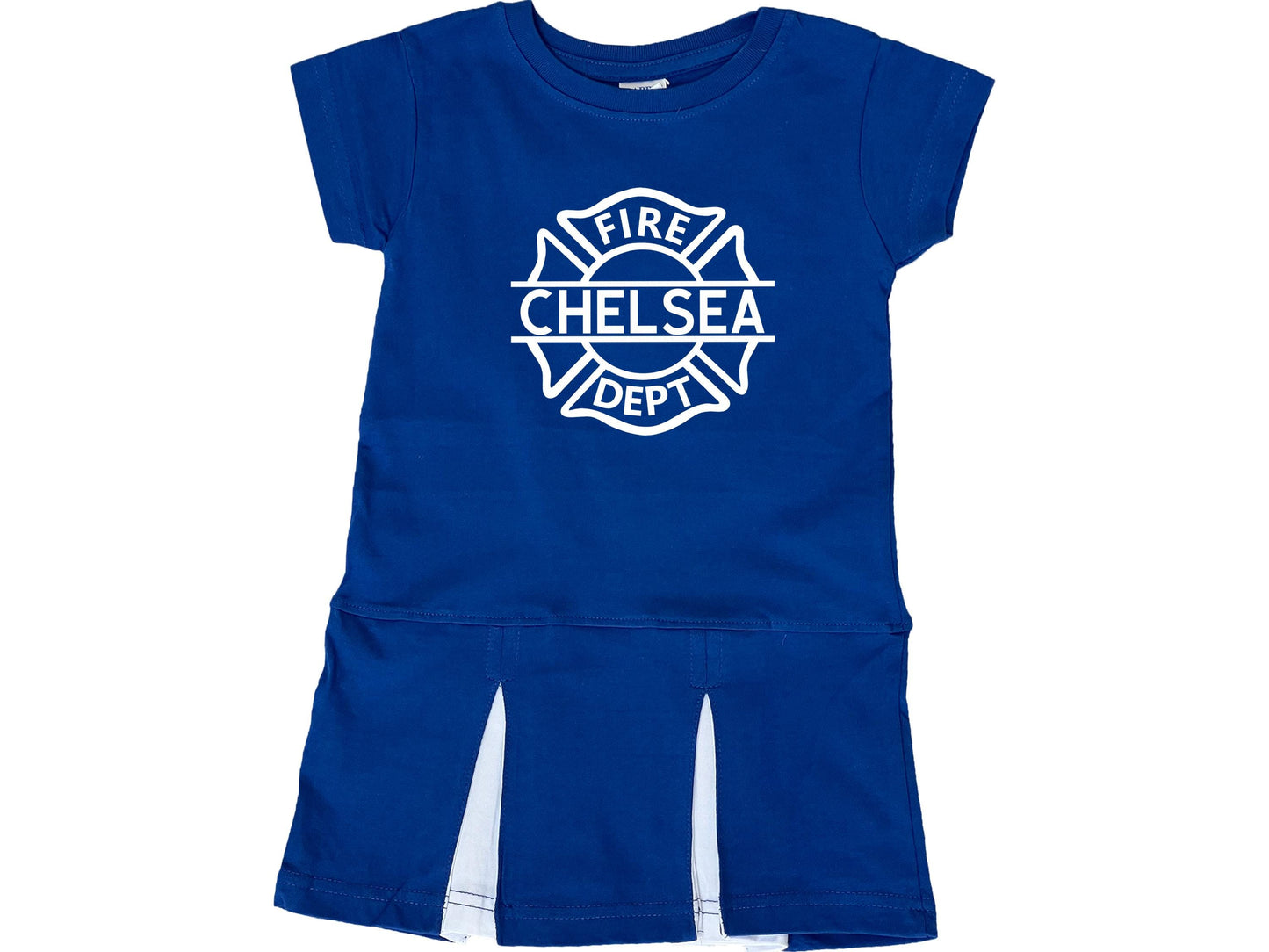 Royal blue short sleeve pleated dress with white  Maltese cross that says fire dept and custom make through the center.