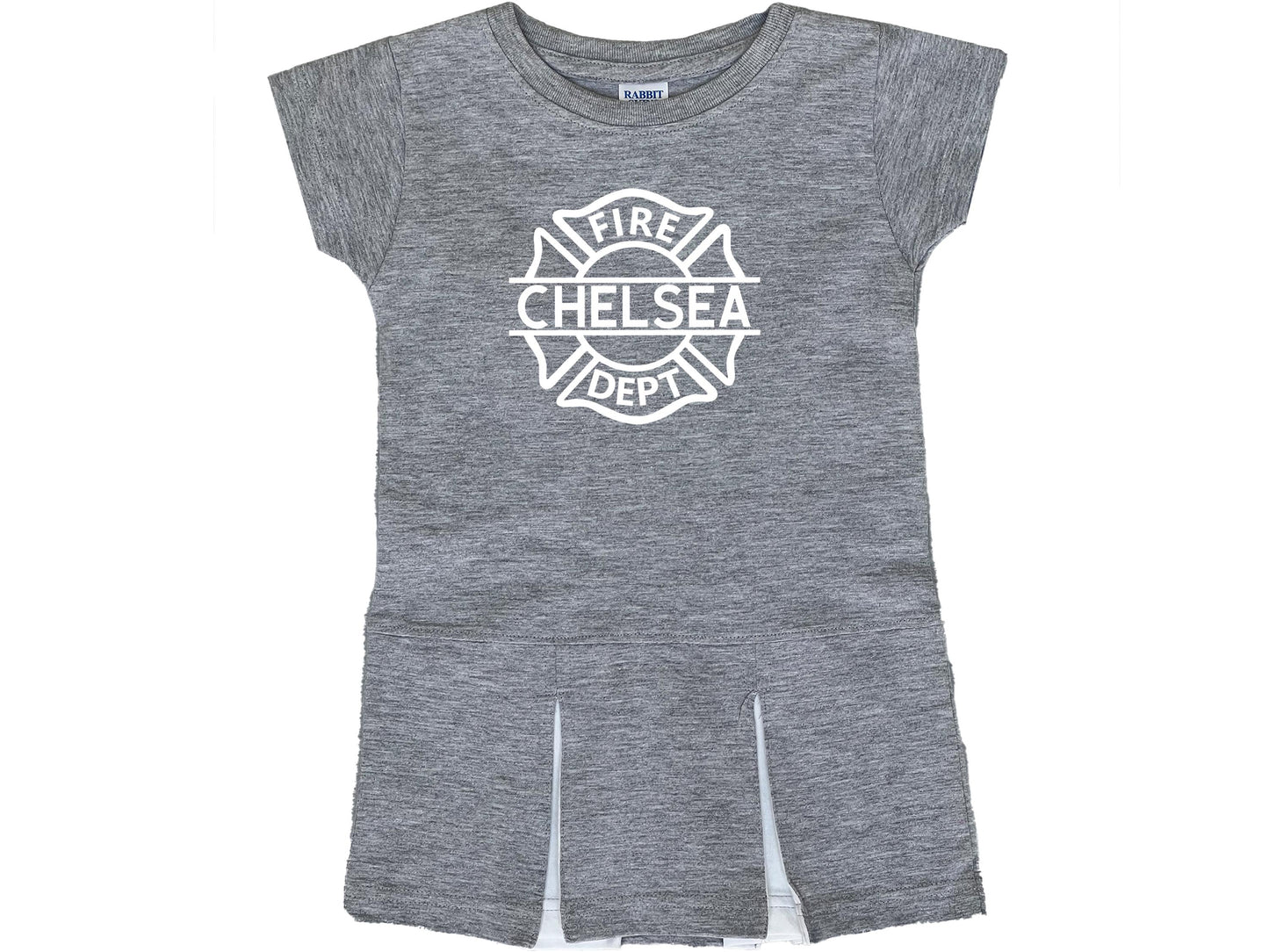 Gray short sleeve pleated dress with white Maltese cross that says fire dept and custom make through the center.