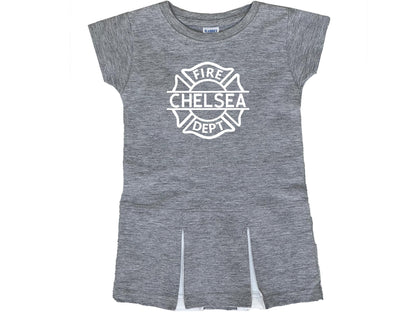 Gray short sleeve pleated dress with white Maltese cross that says fire dept and custom make through the center.