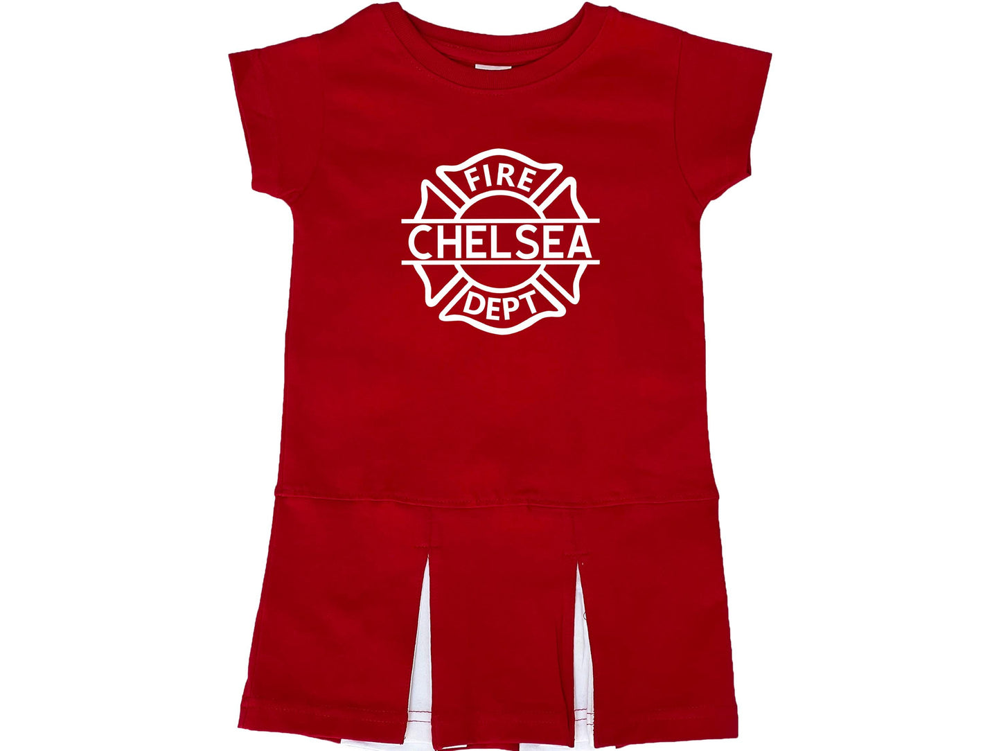 Red short sleeve pleated dress with white Maltese cross that says fire dept and custom make through the center.