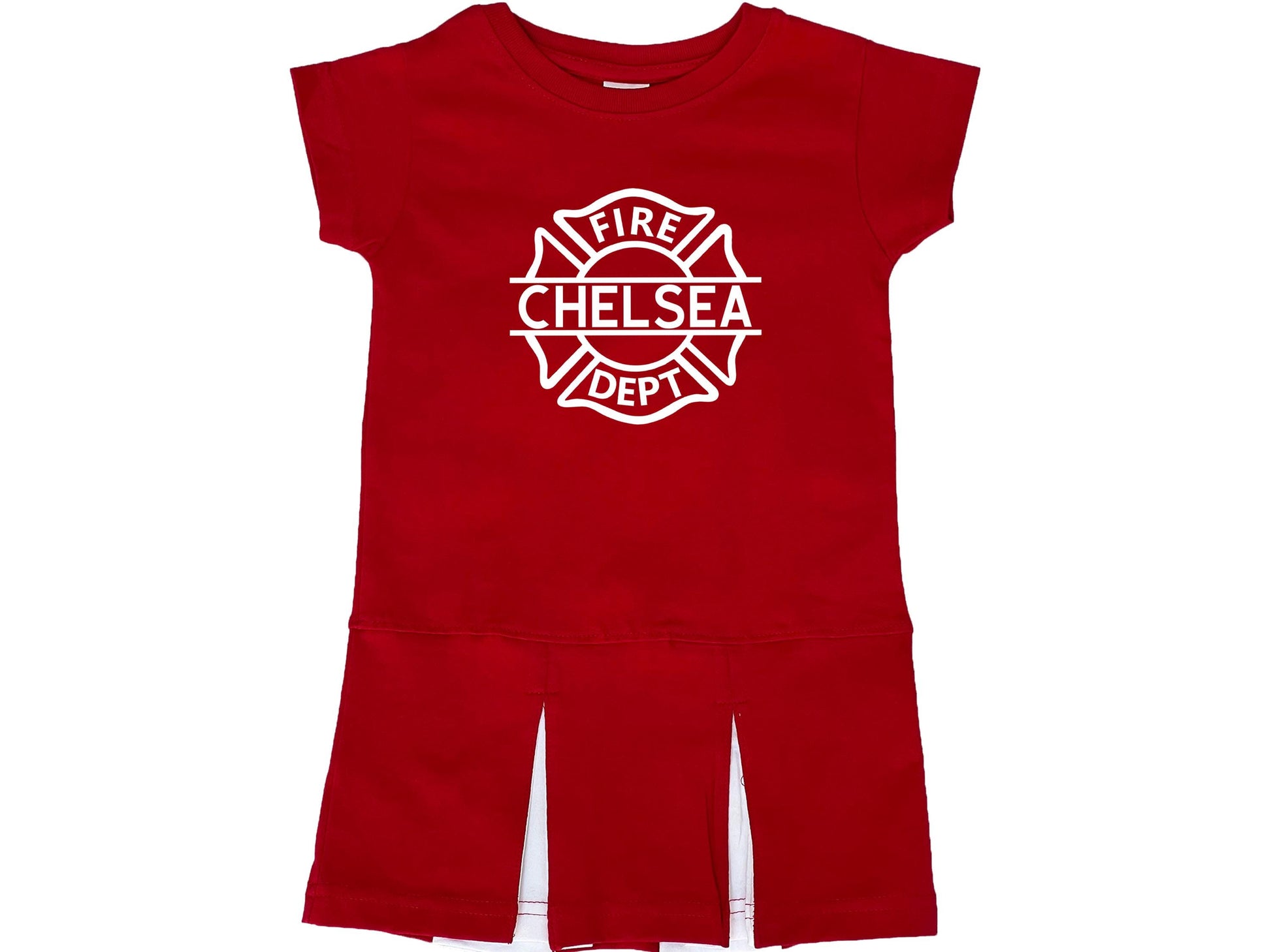 Red short sleeve pleated dress with white Maltese cross that says fire dept and custom make through the center.