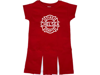 Red short sleeve pleated dress with white Maltese cross that says fire dept and custom make through the center.