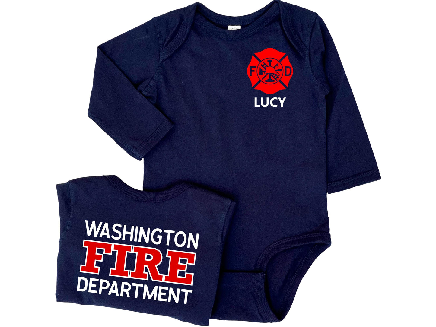 Navy blue long sleeve baby firefighter body suit with red Maltese Cross. Personalized name on front. Back of the bodysuit is personalized with fire department name and big red FIRE.