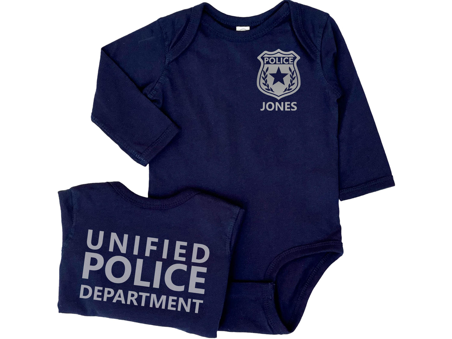 Baby Police Long Sleeve Bodysuit with Badge and Personalized Name - Optional Police Department on Back