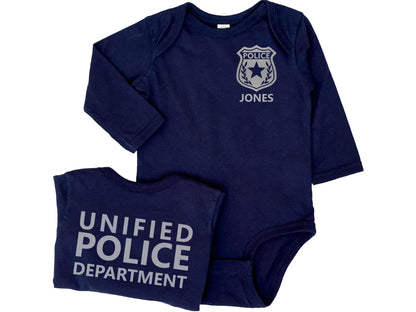 Baby Police Long Sleeve Bodysuit with Badge and Personalized Name - Optional Police Department on Back