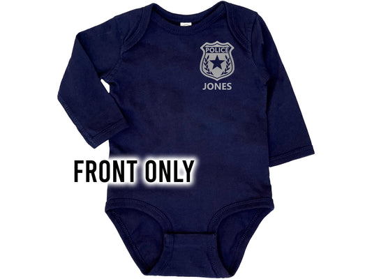 Baby Police Long Sleeve Bodysuit with Badge and Personalized Name - Optional Police Department on Back