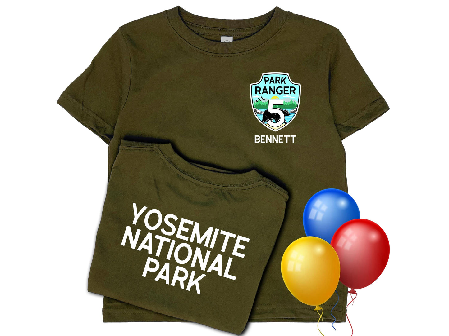 Military green kid's tee shirt with park ranger badge, personalized name and age on front. Custom state or national park name or text on back. 3 colored balloons for a festive birthday.