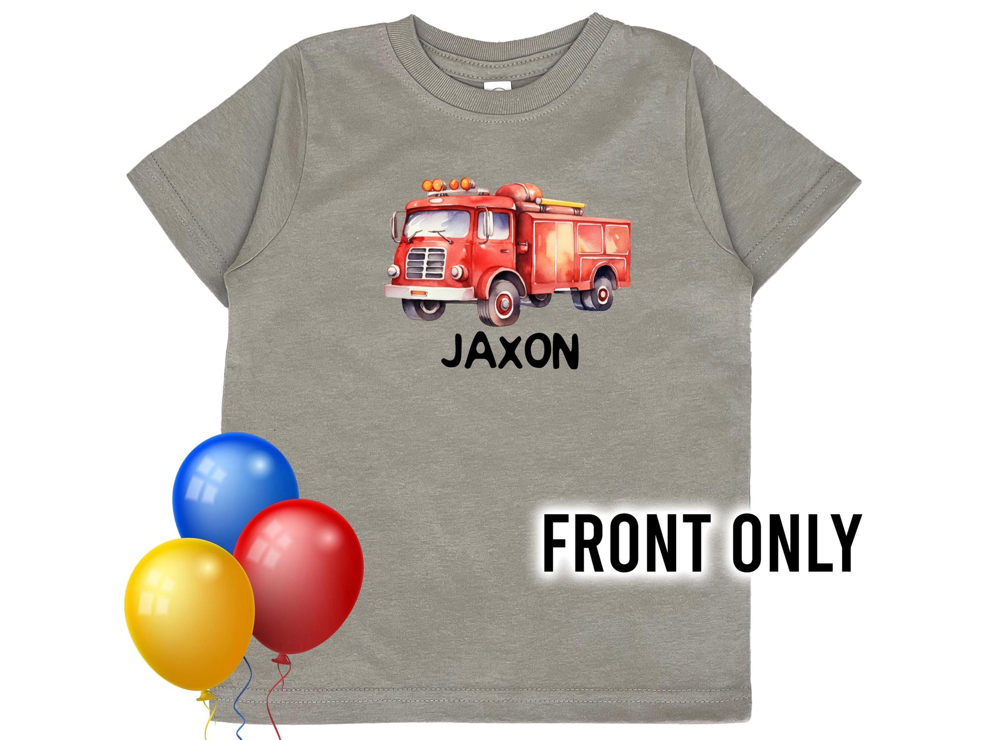 Front view of child's gray t-shirt with red watercolor design fire truck on the center chest. The child's name underneath represented by "Jaxon".