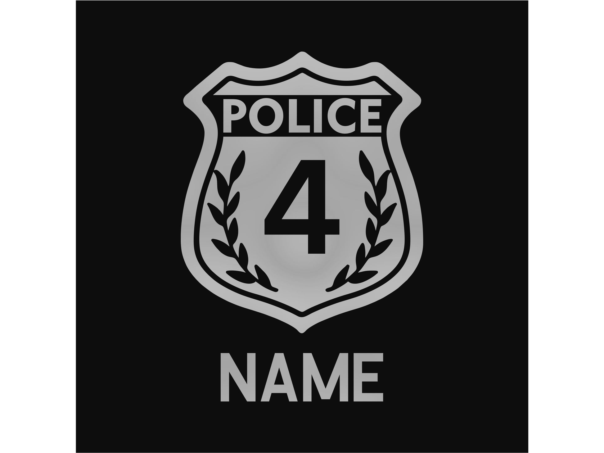 Close up of Silver police badge with NAME and number 4 in silver text underneath on a black background fabric