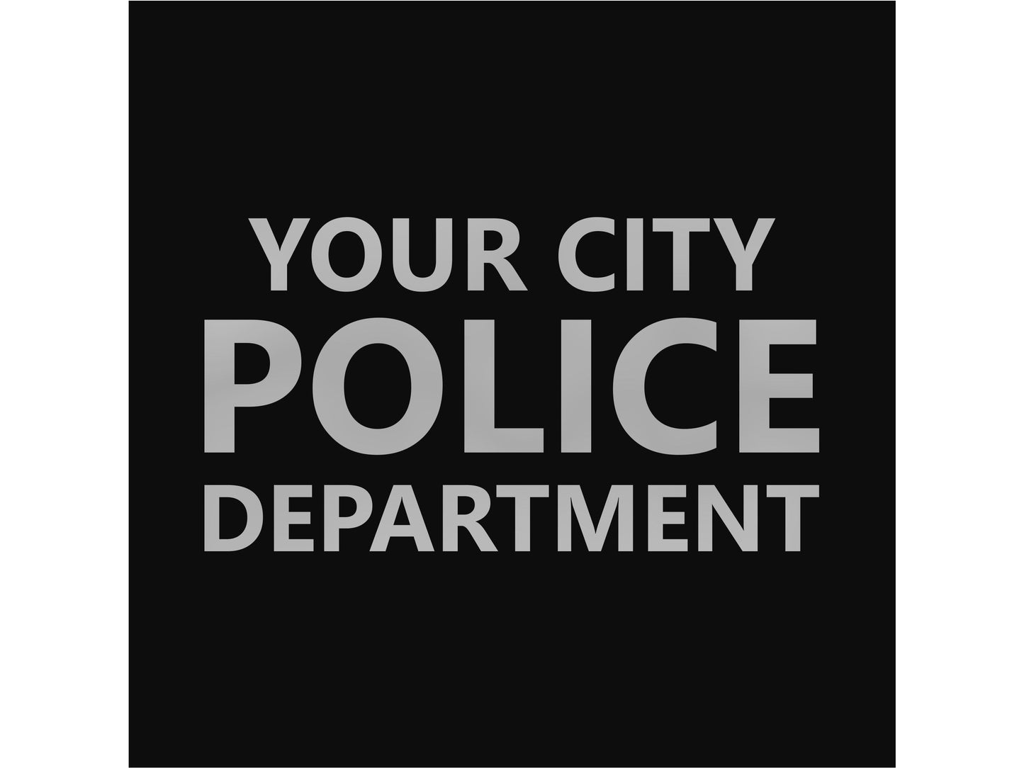 Closeup of custom police department name in white silver text on black fabric