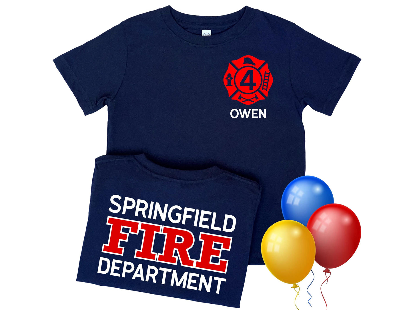Navy blue kid’s birthday firefighter t-shirt with red Maltese cross that includes the number 4 indicating custom text for child’s age. Name is written below the badge and custom fire department printed on back in red and white text.