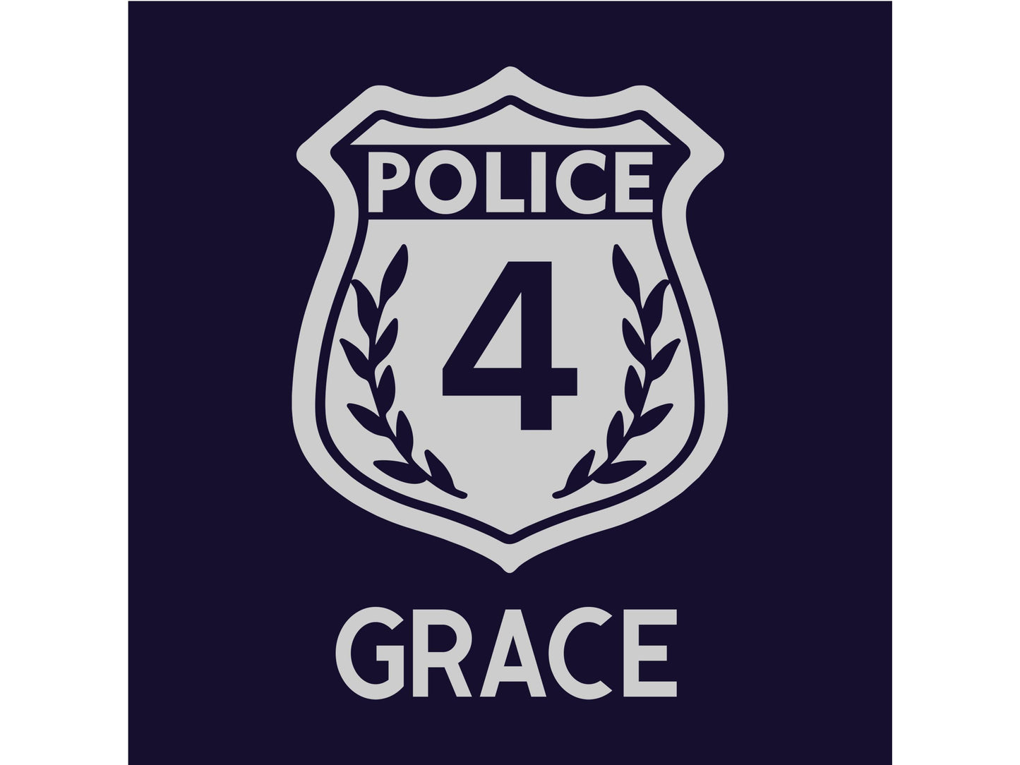 Close up detail of silver police badge with number '4' in the center and laurel leaves on the sides on a navy blue background. The name 'Grace' is underneath.