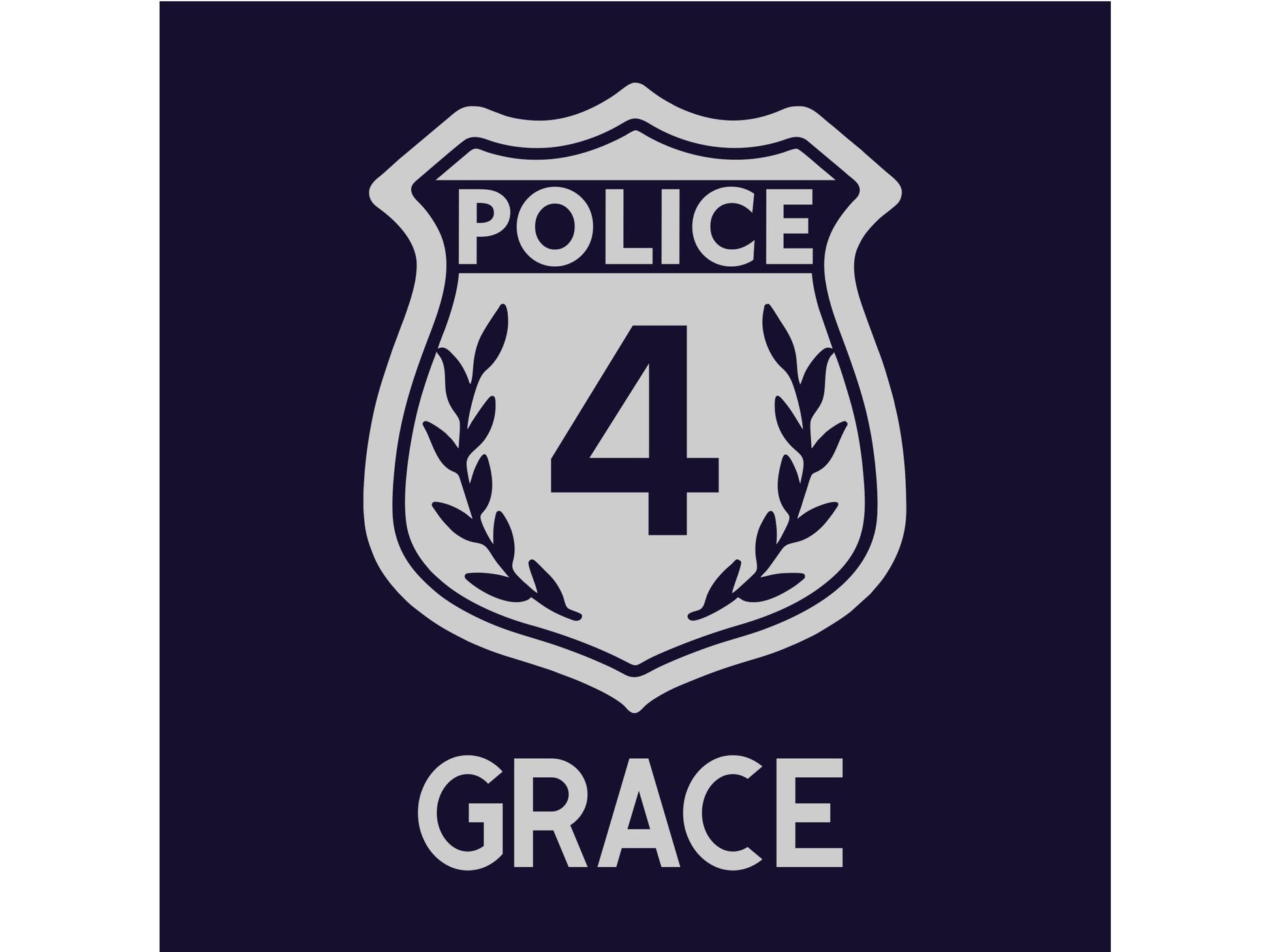 Close up detail of silver police badge with number '4' in the center and laurel leaves on the sides on a navy blue background. The name 'Grace' is underneath.