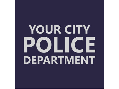 Close up detail of silver text 'Your City Police Department' on a navy blue background.