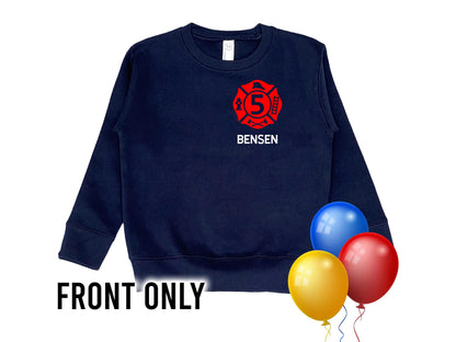 Front view of navy blue long sleeve crew neck sweatshirt with red Maltese cross on left chest containing the number 5 and the name Benson underneath.